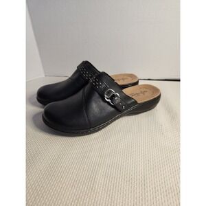 Clarks LEISA SADIE Womens Sz 7.5W Black Leather Mules Clogs Slides Loafers Shoes